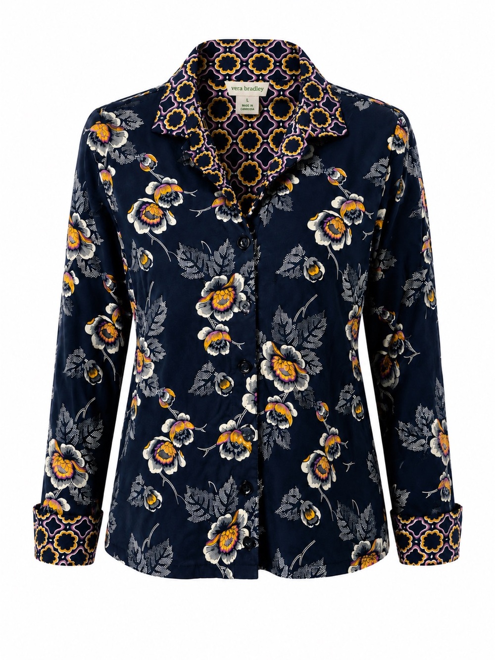 Vera Bradley Navy/Yellow Floral Print 100% Cotton Button Down Shirt Large